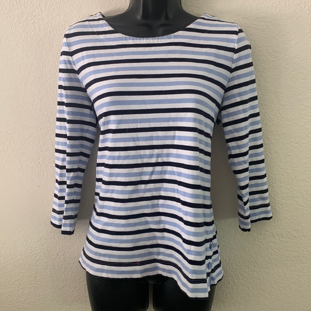 TALBOTS TEE WOMEN'S M HUNTINGTON STRIPE 3/4 SLEEVE TEE BLUE BLACK WHITE